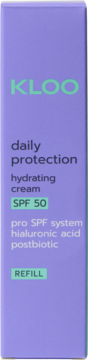 KLOO Daily Protection Hydrating Cream SPF 50 Refill w fioletowym pudełku, widok z przodu, zielony napis.