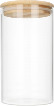 Przezroczysty szklany pojemnik cylindryczny z dopasowaną bambusową pokrywką, ujęcie z przodu.