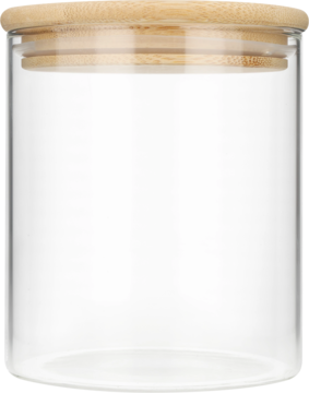 Cylindryczny szklany słoik z bambusową pokrywką, widok z przodu na minimalistyczny pojemnik do kuchni.
