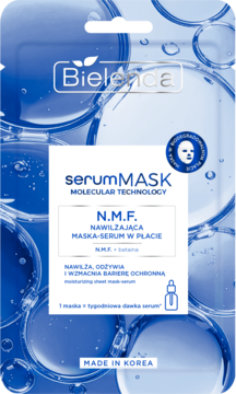 Bielenda N.M.F. nawilżająca maska w płachcie, niebiesko-biała saszetka z molekularnym wzorem, widok z przodu.