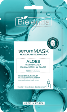 Bielenda serumMASK Aloes, regenerująca maseczka w płachcie, w zielonej saszetce z bąbelkami, widok z przodu.