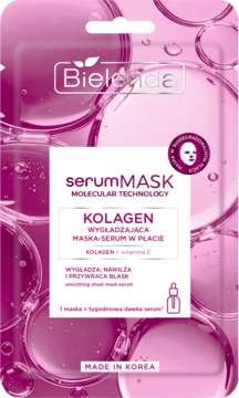Bielenda serumMASK Kolagen, wygładzająca maska w płacie z kolagenem i witaminą E, różowe opakowanie, widok przód.
