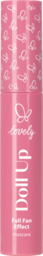 Różowy tusz do rzęs Lovely DollUp Full Fan Effect, z białymi motylami na nakrętce, widok z przodu.
