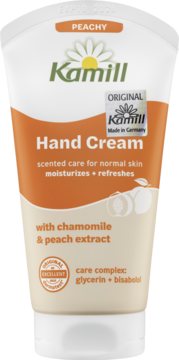 Kamill Peachy Hand Cream z rumiankiem i brzoskwinią, biało-pomarańczowa tubka do skóry normalnej, widok z przodu.