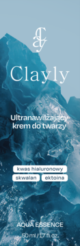 Clayly Ultranawilżający krem do twarzy 50ml, z kwasem hialuronowym, niebieska butelka.