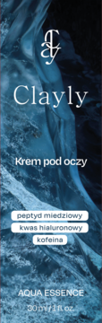 Clayly Krem pod oczy 30ml, z peptydem miedziowym, kwasem hialuronowym i kofeiną, widok z przodu.