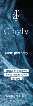 Clayly Aqua Essence Krem pod oczy 30ml z peptydem miedziowym, kwasem hialuronowym i kofeiną na tle wody.