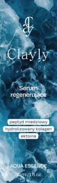 Clayly Aqua Essence serum regenerujące, ciemnoniebieskie opakowanie, widok z przodu. Z peptydem miedziowym i kolagenem.