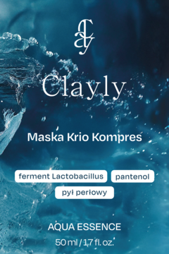 Clayly Maska Krio Kompres 50ml, niebieska etykieta z falami wody, widok na front produktu z fermentem i pantenolem.
