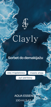 Clayly Sorbet do demakijażu 100ml AQUA ESSENCE. Granatowa etykieta, olej migdałowy, masło shea, pył perłowy.