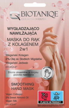 Różowa saszetka Biotaniqe 2w1 wygładzająca maska do rąk, z wegańskim kolagenem i 2% olejem migdałowym.