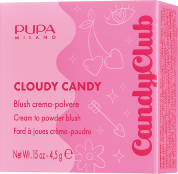 Róż PUPA Milano Cloudy Candy, kremowo-pudrowy, w różowym pudełku z wiśniami, widok z przodu.