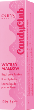 Różowe opakowanie PUPA MILANO CandyClub WATER MALLOW liquid lip balm z falistym wzorem, widok pod kątem.