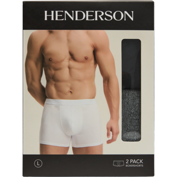 Henderson 2-pak bokserek męskich, białe na modelu i czarne złożone w pudełku, widok z przodu.