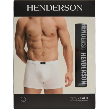 Henderson męskie białe bokserki typu boxer shorts (2-pak), w eleganckim kartonowym opakowaniu. Widok z przodu.