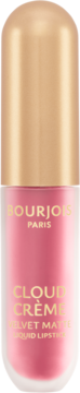 Bourjois Cloud Crème Velvet Matte Liquid Lipstick w różowym flakonie z złotą zakrętką, widok z przodu.