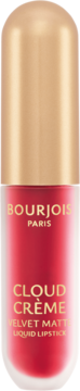 Matowa pomadka w płynie Bourjois Cloud Crème Red-y or Not w przezroczystej tubce ze złotą nakrętką, widok z przodu.