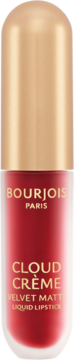 Czerwony Bourjois Cloud Crème Velvet Matte Liquid Lipstick w butelce ze złotą nakrętką, widok z przodu.
