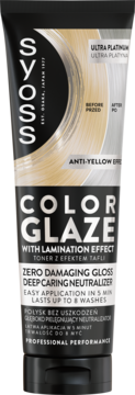 Syoss Color Glaze Ultra Platinum, nabłyszczający toner przeciw żółtym tonom, czarna tuba, widok z przodu.