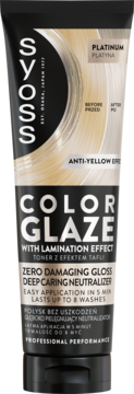 Syoss Color Glaze toner platyna w czarnej tubie, widok z przodu. Neutralizuje żółte tony, efekt lśnienia.