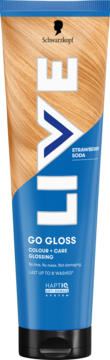 Schwarzkopf LIVE Strawberry Soda Go Gloss toner, tubka z grafiką blond włosów i błękitnym tłem, widok z przodu.