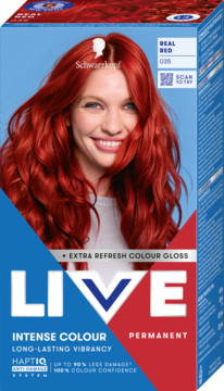 Opakowanie farby Schwarzkopf LIVE Intense Colour Real Red z modelką o intensywnie czerwonych włosach.
