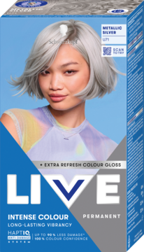 Intensywna farba do włosów Schwarzkopf Live Metallic Silver U71, pudełko z modelką, widok z przodu.