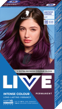 Schwarzkopf LIVE Amethyst Chrome Intensywny Fiolet, opakowanie z modelką o długich, lśniących włosach.