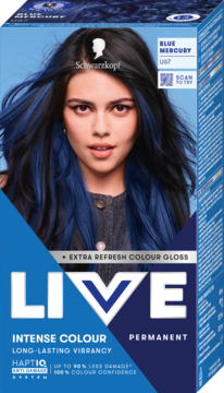 Schwarzkopf Live Intense Colour Permanent Blue Mercury farba do włosów w pudełku z kobietą o niebieskich pasemkach.