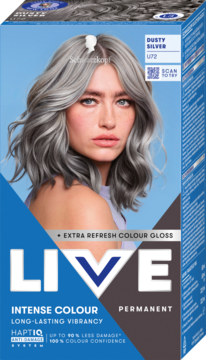 Permanentna farba Schwarzkopf Live Dusty Silver U72, opakowanie z modelką i hasłem Extra Colour Gloss.