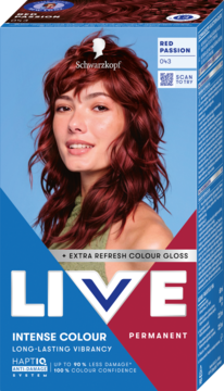 Pudełko Schwarzkopf Live Intense Colour Red Passion 043, z modelką o kręconych, czerwonych włosach, farba permanentna.