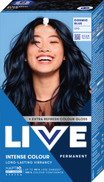 Schwarzkopf Live Intense Colour Cosmic Blue 090. Opakowanie z uśmiechniętą modelką o długich, niebieskich włosach.