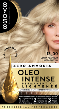 Opakowanie rozjaśniacza Syoss Oleo Intense 13_00 Ultra Platinum bez amoniaku, modelka z blond włosami.