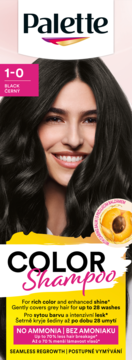 Palette Color Shampoo 1-0 Black. Kobieta z czarnymi włosami, napis "no ammonia", morela, trwałość do 28 myć.