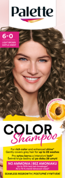 Palette Color Shampoo 6-0 Light Brown, opakowanie z uśmiechniętą kobietą, bez amoniaku, do 28 myć.