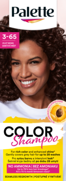 Palette Color Shampoo 3-65 Velvet Brown z uśmiechniętą modelką i gęstymi, brązowymi włosami, bez amoniaku.