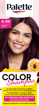 Palette Color Shampoo 4-99 Bordeaux, kobieta z intensywnymi burgundowymi włosami. Bez amoniaku, do 28 myć.