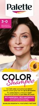 Palette Color Shampoo 3-0 Dark Chocolate, opakowanie z kobietą i tekstem o formule bez amoniaku.