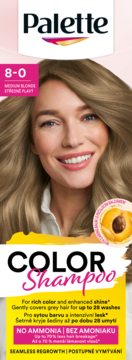 Palette Color Shampoo 8-0 Medium Blonde, opakowanie z uśmiechniętą kobietą, łagodna koloryzacja bez amoniaku.