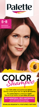 Palette Color Shampoo 5-8 Mahogany na opakowaniu z uśmiechniętą modelką, napis 'NO AMMONIA'.