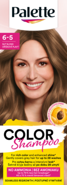 Opakowanie Palette Color Shampoo 6-5 Nut Blond z uśmiechniętą kobietą i napisem 'No Ammonia'.