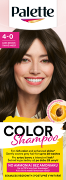 Palette Color Shampoo 4-0 Dark Brown. Kobieta z brązowymi włosami. Opakowanie szamponu bez amoniaku, pokrycie siwych.