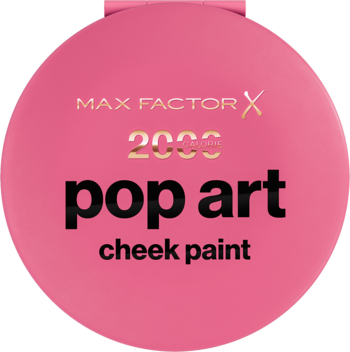 Max Factor 2000 Calorie Pop Art róż. Jaskrawo różowe, okrągłe opakowanie z tekstem, widok z góry.