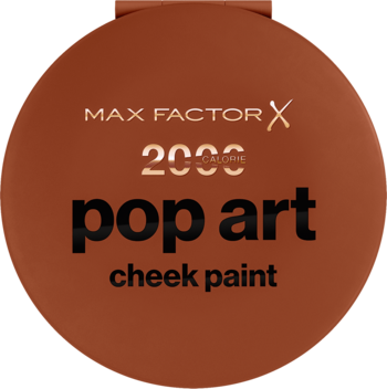 Okrągłe, terakotowe opakowanie różu Max Factor 2000 Calorie Pop Art Cheek Paint, widok z góry, białe napisy.
