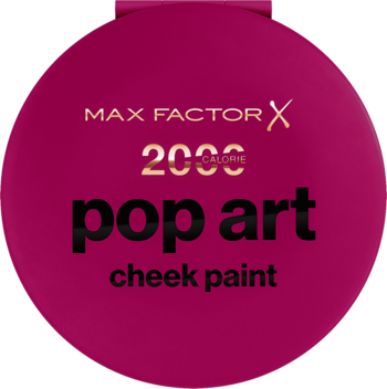 Max Factor 2000 Calorie Pop Art Cheek Paint, fuksjowy róż w okrągłym opakowaniu z logo, widok z przodu.