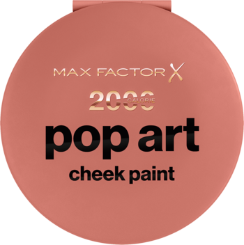 Róż do policzków Max Factor 2000 Calorie Pop Art Cheek Paint, okrągłe brzoskwiniowe opakowanie, widok z przodu.