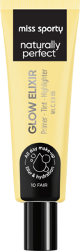 Miss Sporty Glow Elixir 3w1: beżowa tubka primer-tint-rozświetlacza z Vit C E B5. Widok przód, 10 FAIR.