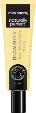 Miss Sporty Glow Elixir 3w1 Primer Tint Highlighter, żółta tubka z czarną nakrętką, widok z przodu.