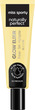 Miss Sporty Glow Elixir 3w1 Primer-Tint-Highlighter, żółta tuba z czarnym zamknięciem, widok z przodu.