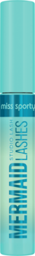 Turkusowa mascara Miss Sporty Mermaid Lashes, tuba z pionowym napisem, zapewnia objętość i długość rzęs.